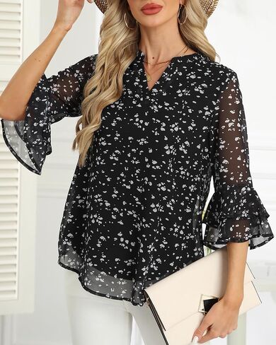 LOUSGUTA Women Bell Sleeve Tops with 3/4 Sleeve Double Layered Ruffle Chiffon Blouse for Work Dressy Casual Tiered Shirt in Saudi Arabia