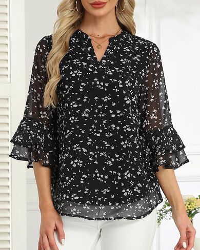 LOUSGUTA Women Bell Sleeve Tops with 3/4 Sleeve Double Layered Ruffle Chiffon Blouse for Work Dressy Casual Tiered Shirt in Saudi Arabia