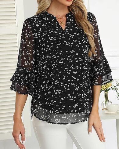 LOUSGUTA Women Bell Sleeve Tops with 3/4 Sleeve Double Layered Ruffle Chiffon Blouse for Work Dressy Casual Tiered Shirt in Saudi Arabia