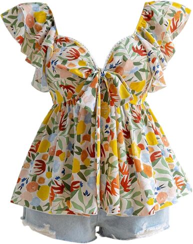 Wdirara Women's Plus Floral Tie Tie Babydoll Tops Layered Cap Cap Sleeve V Neck Peplum Blouse in Saudi Arabia