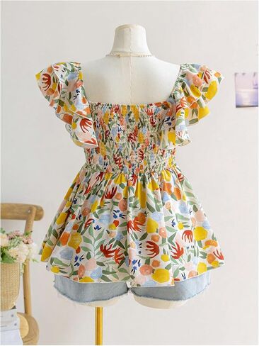 Wdirara Women's Plus Floral Tie Tie Babydoll Tops Layered Cap Cap Sleeve V Neck Peplum Blouse in Saudi Arabia
