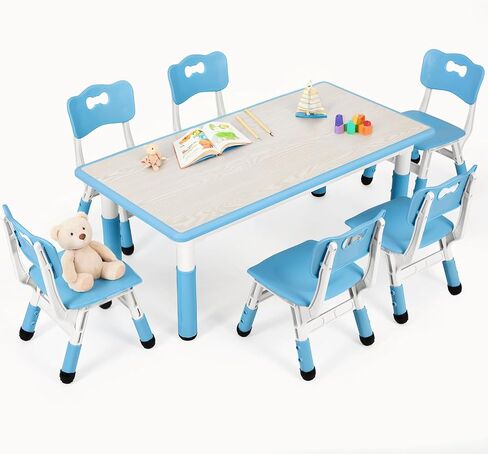 Arlopu Kids Table and 6 Chairs Set, Height Adjustable Graffiti Table, Preschool Activity Art Craft Table, for Daycare Classroom Home Boys and Girls Age 3-12 (Beige) in Saudi Arabia