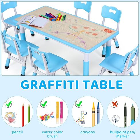 Arlopu Kids Table and 6 Chairs Set, Height Adjustable Graffiti Table, Preschool Activity Art Craft Table, for Daycare Classroom Home Boys and Girls Age 3-12 (Beige) in Saudi Arabia