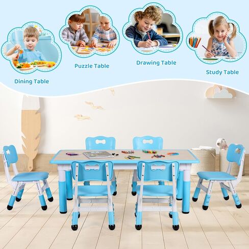 Arlopu Kids Table and 6 Chairs Set, Height Adjustable Graffiti Table, Preschool Activity Art Craft Table, for Daycare Classroom Home Boys and Girls Age 3-12 (Beige) in Saudi Arabia