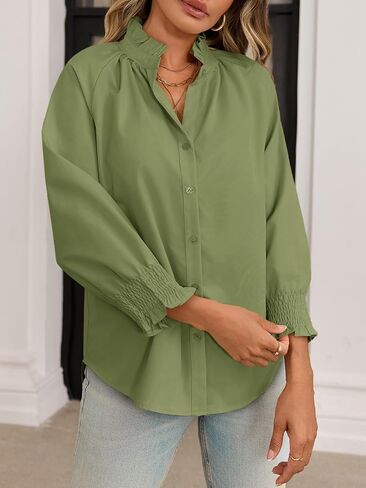 جرس Cicy Womens زر أسفل القمصان 3/4 دخان بلوزة بلوزة أنيقة رقبة الكشكش غير الرسمية in Saudi Arabia