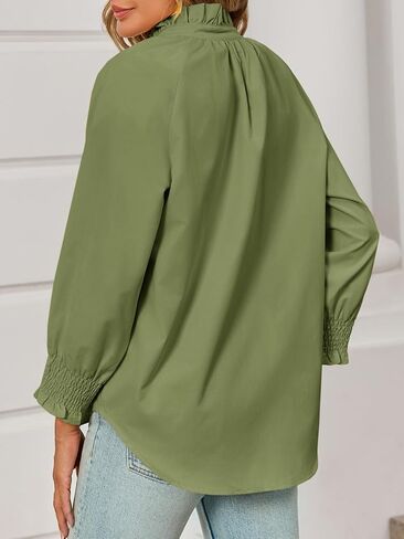 جرس Cicy Womens زر أسفل القمصان 3/4 دخان بلوزة بلوزة أنيقة رقبة الكشكش غير الرسمية in Saudi Arabia