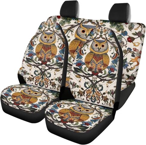 Retro Art Floral Owl Car Seat Covers Full Set for SUV Trucks Van Sedan Elastic Front Rear Seat Cover Auto Bench Seat Protector Universal Fit Car Accessories Beige in Kuwait