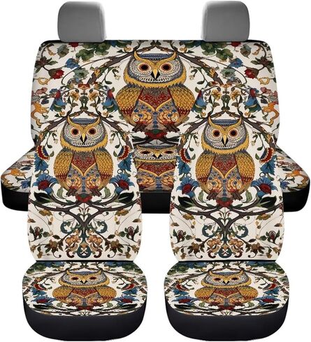 Retro Art Floral Owl Car Seat Covers Full Set for SUV Trucks Van Sedan Elastic Front Rear Seat Cover Auto Bench Seat Protector Universal Fit Car Accessories Beige in Kuwait