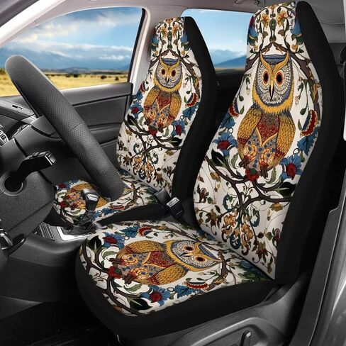 Retro Art Floral Owl Car Seat Covers Full Set for SUV Trucks Van Sedan Elastic Front Rear Seat Cover Auto Bench Seat Protector Universal Fit Car Accessories Beige in Kuwait
