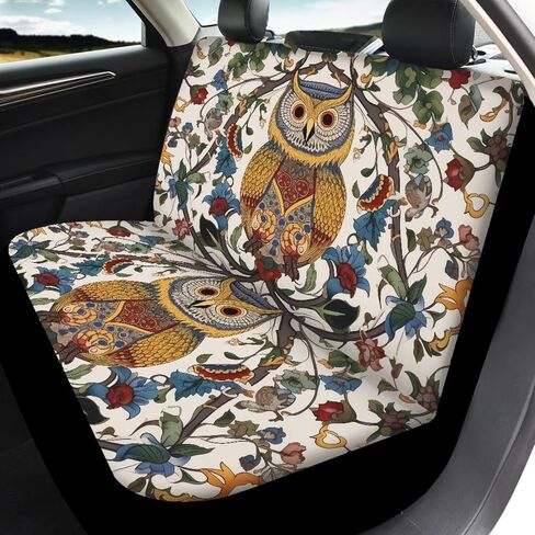 Retro Art Floral Owl Car Seat Covers Full Set for SUV Trucks Van Sedan Elastic Front Rear Seat Cover Auto Bench Seat Protector Universal Fit Car Accessories Beige in Kuwait