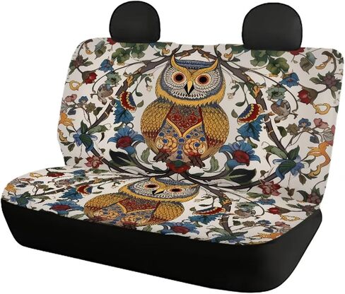 Retro Art Floral Owl Car Seat Covers Full Set for SUV Trucks Van Sedan Elastic Front Rear Seat Cover Auto Bench Seat Protector Universal Fit Car Accessories Beige in Kuwait