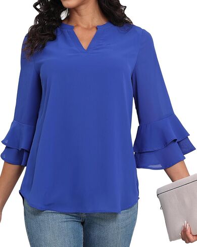 LOUSGUTA Women Bell Sleeve Tops with 3/4 Sleeve Double Layered Ruffle Chiffon Blouse for Work Dressy Casual Tiered Shirt in Saudi Arabia