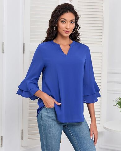 LOUSGUTA Women Bell Sleeve Tops with 3/4 Sleeve Double Layered Ruffle Chiffon Blouse for Work Dressy Casual Tiered Shirt in Saudi Arabia