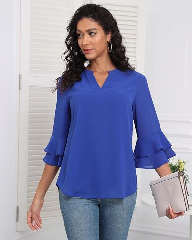 LOUSGUTA Women Bell Sleeve Tops with 3/4 Sleeve Double Layered Ruffle Chiffon Blouse for Work Dressy Casual Tiered Shirt in Saudi Arabia