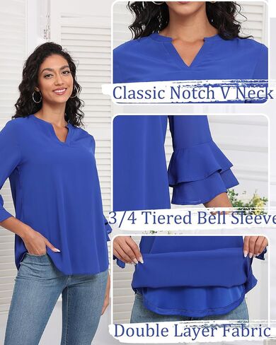 LOUSGUTA Women Bell Sleeve Tops with 3/4 Sleeve Double Layered Ruffle Chiffon Blouse for Work Dressy Casual Tiered Shirt in Saudi Arabia