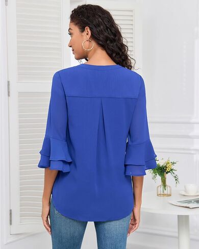 LOUSGUTA Women Bell Sleeve Tops with 3/4 Sleeve Double Layered Ruffle Chiffon Blouse for Work Dressy Casual Tiered Shirt in Saudi Arabia