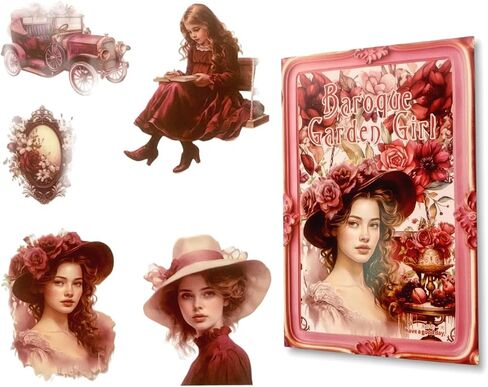 20 Sheets Baroque Garden Girl Series PET Scrapbook Stickers Set, Vintage Sticker Book for Scrapbooking, Pre-Cut Junk Journal Ephemera, DIY Crafts Waterproof Journaling Supplies (Pink Love Song) in Kuwait