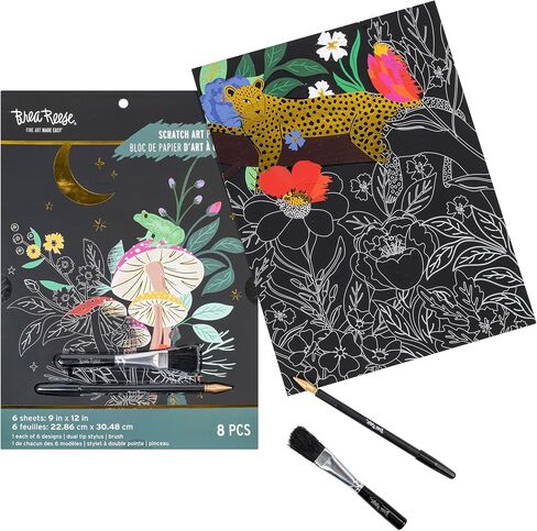 Scratch Art Paper Pad - Owl & Moon - 6 Designs, Metallic Guided Art, Dual-Tip Stylus & Brush, Easy-to-Frame 9x12 Pages, Adult Craft Kit in Saudi Arabia