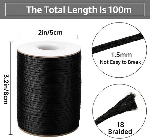 Anwyll 1.5MM Black Nylon String - 110Yards Wind Chime String Weather Resistant Nylon Cord Black Nylon Bracelets String Beading Thread Macrame Trim Cord for Necklace Jewelry Making Craft Halloween in Kuwait
