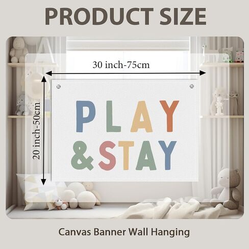 Play & Stay Linen Banner for Playroom Nursery, Neutral Wall Hanging for Baby Toddler Room Decor, Rustic Kids Room Art for Boys and Girls, 28x20in - C02 in Saudi Arabia