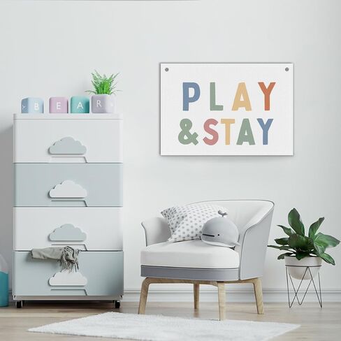 Play & Stay Linen Banner for Playroom Nursery, Neutral Wall Hanging for Baby Toddler Room Decor, Rustic Kids Room Art for Boys and Girls, 28x20in - C02 in Saudi Arabia