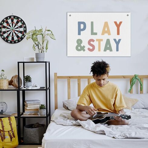 Play & Stay Linen Banner for Playroom Nursery, Neutral Wall Hanging for Baby Toddler Room Decor, Rustic Kids Room Art for Boys and Girls, 28x20in - C02 in Saudi Arabia