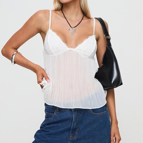 Women Lace Trim Spaghetti Strap Camisoles V Neck Tie Back Crop Tops Sleeveless Backless Tank Tops in Kuwait