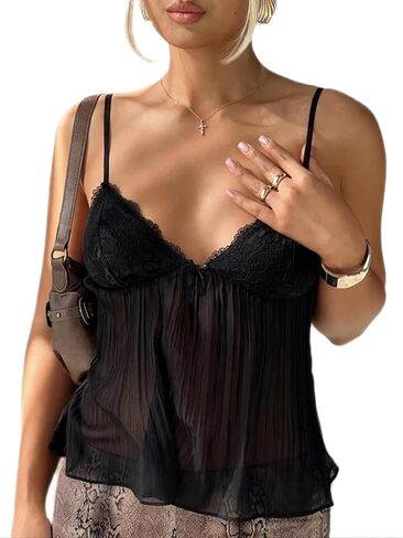 Women Lace Trim Spaghetti Strap Camisoles V Neck Tie Back Crop Tops Sleeveless Backless Tank Tops in Saudi Arabia