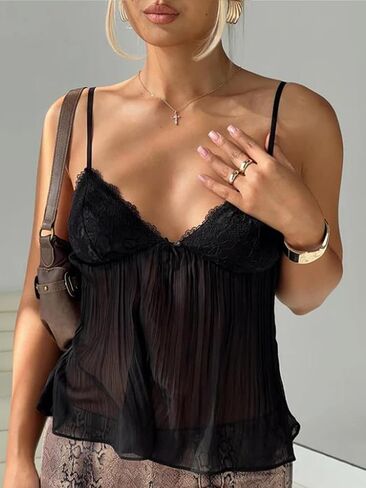 Women Lace Trim Spaghetti Strap Camisoles V Neck Tie Back Crop Tops Sleeveless Backless Tank Tops in Saudi Arabia