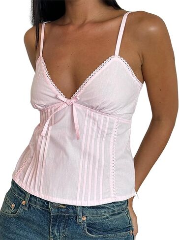 Women Lace Trim Spaghetti Strap Camisoles V Neck Tie Back Crop Tops Sleeveless Backless Tank Tops in Saudi Arabia