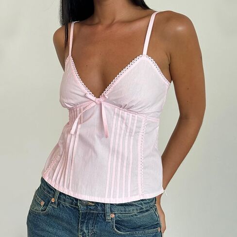 Women Lace Trim Spaghetti Strap Camisoles V Neck Tie Back Crop Tops Sleeveless Backless Tank Tops in Saudi Arabia