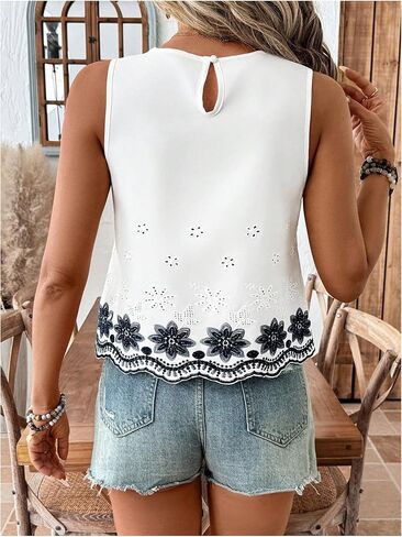 SOLY HUX Women's Summer Tank Tops Crew Neck Sleeveless Floral Eyelet Embroidery Vacation Casual Top in Saudi Arabia