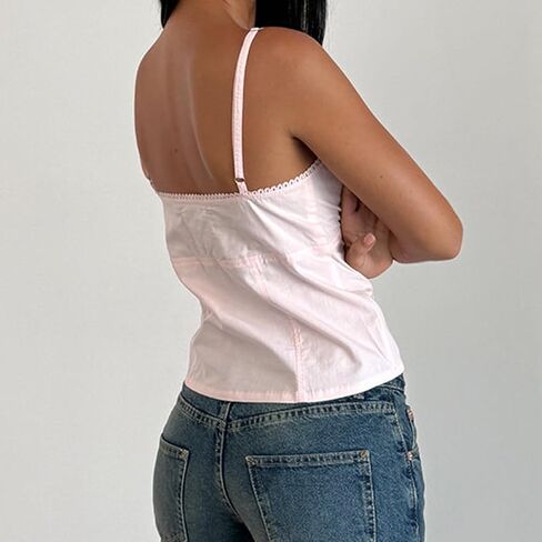 Women Lace Trim Spaghetti Strap Camisoles V Neck Tie Back Crop Tops Sleeveless Backless Tank Tops in Saudi Arabia