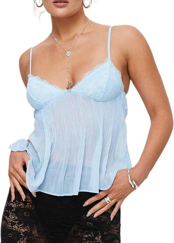 Women Lace Trim Spaghetti Strap Camisoles V Neck Tie Back Crop Tops Sleeveless Backless Tank Tops in Saudi Arabia