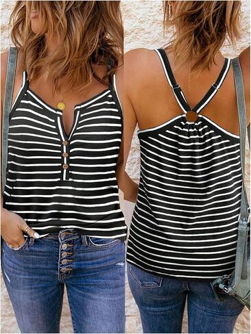 SOLY HUX Women's Striped Cami Top Notched V Neck Button Front Casual Summer Tops Camisole in Saudi Arabia