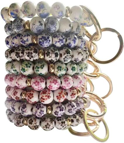 BattleTim Keychain Wristlet for Women, Floral Porcelain Beads Bracelet Key Ring Girl, Key Chain Holder for Car Keys in Kuwait
