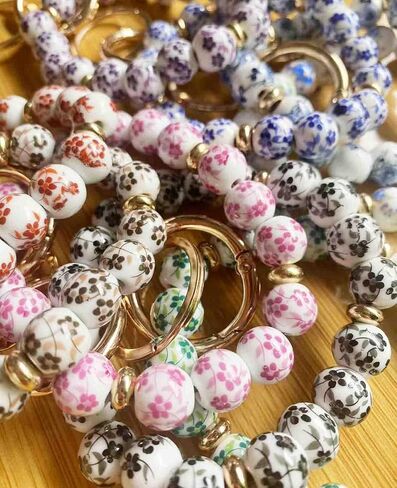 BattleTim Keychain Wristlet for Women, Floral Porcelain Beads Bracelet Key Ring Girl, Key Chain Holder for Car Keys in Kuwait