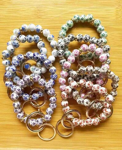 BattleTim Keychain Wristlet for Women, Floral Porcelain Beads Bracelet Key Ring Girl, Key Chain Holder for Car Keys in Kuwait