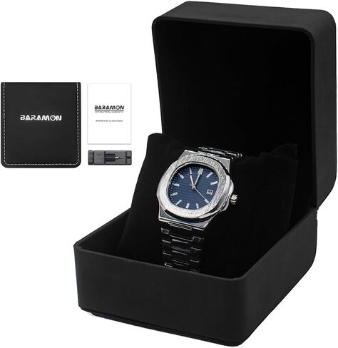 BARAMON Wrist Watches for Men, Nautilus Stainless Steel Quartz Movement Date Luxury Diamond Style Men's Luminous Hands Casual Business Watches in Saudi Arabia