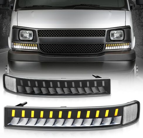 Auto Dynasty Full LED Front Bumper Parking Turn Signal Light Assembly Compatible with Chevrolet Express GMC Savana 1500 2500 3500 2003-2023, 3-Stage Animation Boot-up, Black Housing Clear Corner in Saudi Arabia