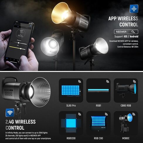NEEWER CB120B 120W LED Video Light with 2.4G&APP Control COB Bi Color 2700K-6500K 78000lux at 1m/CCT Mode/CRI97/12 Scenes/Bowens Mount Continuous Output Lighting for Studio Photography/Video Recording in Kuwait