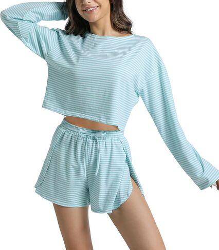 Allmloers Womens Split Short Pajama Set Striped Crewneck Long Sleeve Shirt and Side Slit Shorts Set 2 Piece Cotton Pjs Set in Saudi Arabia