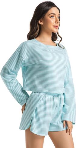 Allmloers Womens Split Short Pajama Set Striped Crewneck Long Sleeve Shirt and Side Slit Shorts Set 2 Piece Cotton Pjs Set in Saudi Arabia