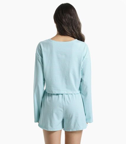 Allmloers Womens Split Short Pajama Set Striped Crewneck Long Sleeve Shirt and Side Slit Shorts Set 2 Piece Cotton Pjs Set in Saudi Arabia