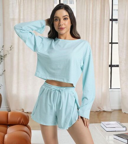 Allmloers Womens Split Short Pajama Set Striped Crewneck Long Sleeve Shirt and Side Slit Shorts Set 2 Piece Cotton Pjs Set in Saudi Arabia