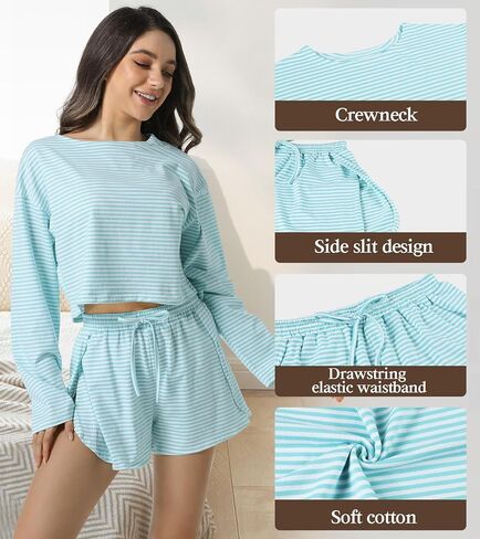 Allmloers Womens Split Short Pajama Set Striped Crewneck Long Sleeve Shirt and Side Slit Shorts Set 2 Piece Cotton Pjs Set in Saudi Arabia