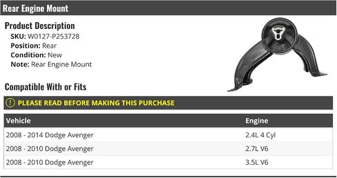 Rear Engine Mount - Compatible with 2008-2014 Dodge Avenger 2.4L 4 Cyl, 2.7L V6, 3.5L V6 in Saudi Arabia