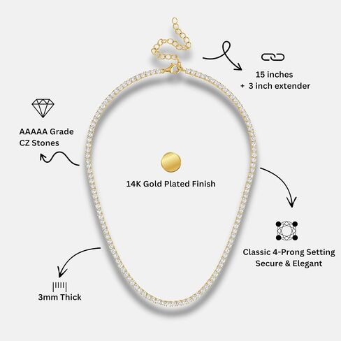 KISPER Tennis Necklace for Women 14K Gold Plated 3mm Cubic Zirconia Diamond Chain Adjustable 15-18" 4-Prong Setting Classic in Saudi Arabia