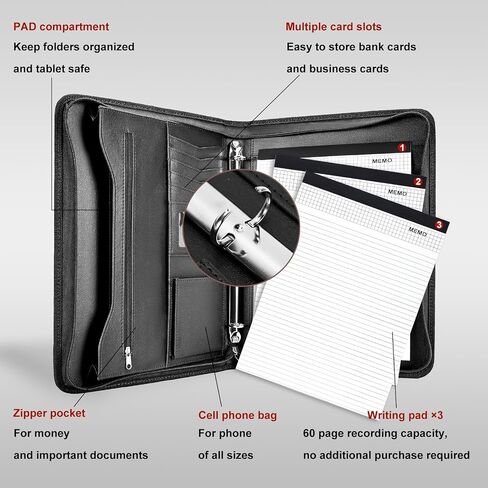تشمل موثق محفظة Leathario 10 حماة من الأوراق و 3 مفتحات ، ومنظم مجلدات من 3 حلقات ، و A4 padfolio مع سحاب ، وأكمام الكمبيوتر اللوحي النباتية ، واللوحات القصيرة للمؤتمرات التجارية ، in Kuwait