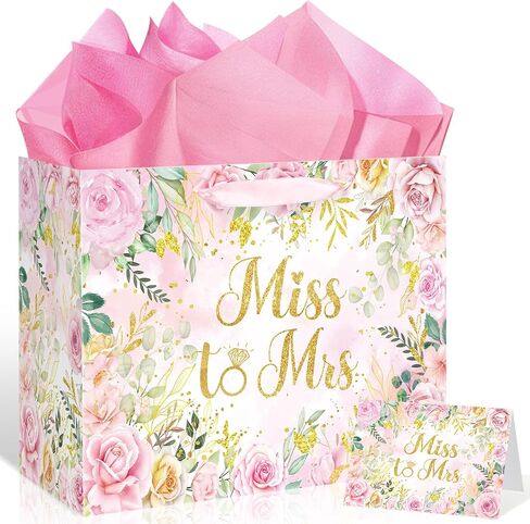 Yomaiha Bridal Shower Gift Bag Wedding Miss to Mrs Gifts Bag with Tissue and Card Bridal Shower Gift Wrapping Paper Bag Floral Boho Wedding Gift Bags Bride Engagement Bachelorette Party Bag in Saudi Arabia